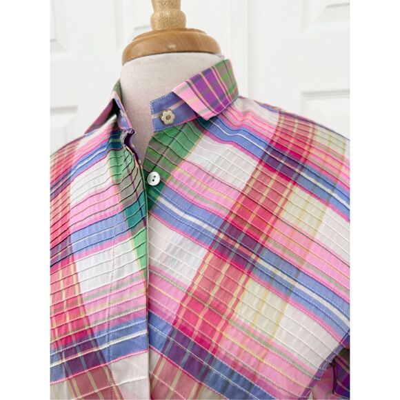 Marisa Baratelli Asymmetrical Pink Green Plaid Pleated Thai Silk Blouse Shirt 6 - Picture 2 of 6